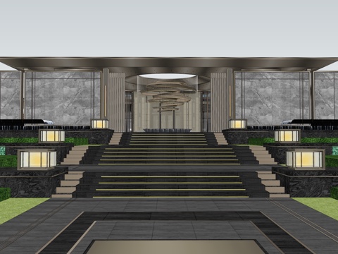  新中代售楼处 售楼部景观 会所建筑 展馆建筑 中央绿化带su模型 