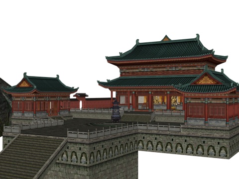  中式阁楼 游戏场景建筑 寺庙 道观su模型 