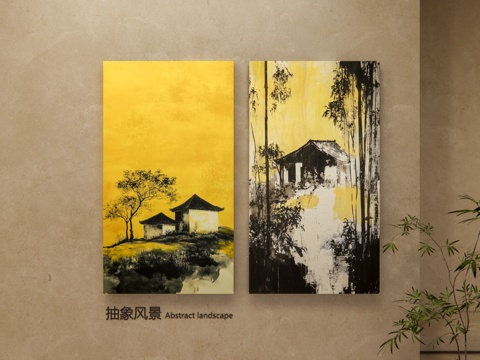  侘寂风装饰画 漆金挂画 抽象山水画 挂画组合 禅意挂画 挂画su模型 