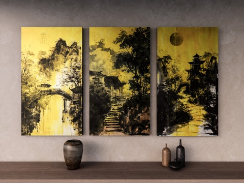  侘寂风装饰画 漆金挂画 抽象山水画 挂画组合 禅意挂画 挂画su模型 