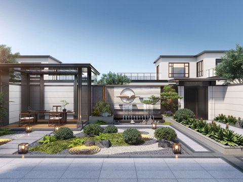  新中式庭院景观 居家庭院 景观小品 凉亭 假山水景 景观墙su模型 