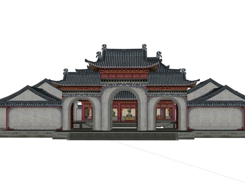  中式合院 寺庙 山门 道观 大殿su模型 