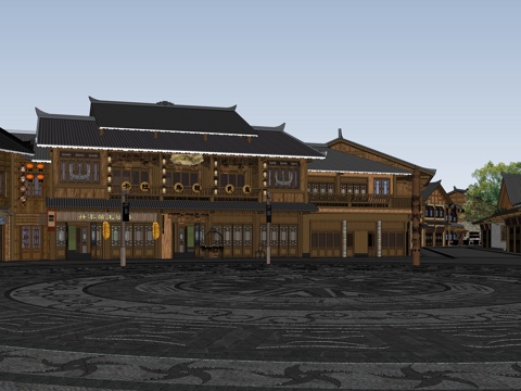  中式商业街 古镇街道 牌楼牌坊su模型 