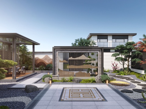  新中式庭院景观 居家庭院 景观小品 凉亭 假山水景 景观墙su模型 