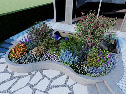  现代植物组团 花坛花境 英式美式花境 灌木草花植物su模型 