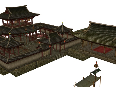  中式阁楼 厢房 游戏场景建筑 四角亭su模型 