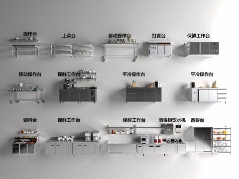  现代餐饮操作台 生冷保鲜台 备餐台 打餐台 上菜台 移动操作3d模型 