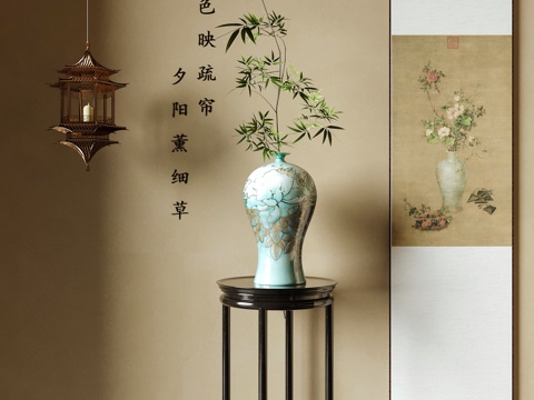  新中式花瓶花艺 插花花艺 挂画 吊灯3d模型 