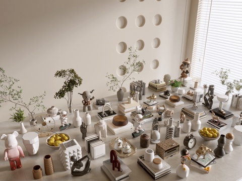  现代摆件组合 花瓶 植物 书本 雕塑 摆件3d模型 