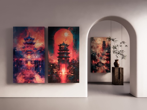  中国风油画 中国风挂画 古建油画 现代新中式挂画 挂画组合su模型 