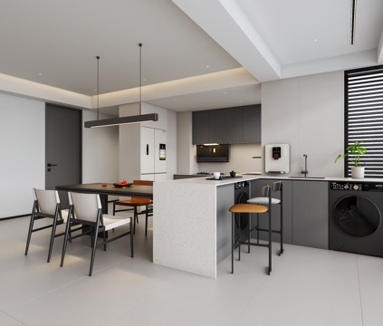  意式极简黑白灰餐厅 餐厨一体设计 开放式厨房 岛台餐桌椅组合su模型 