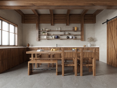  侘寂风餐厅 餐桌椅3d模型 