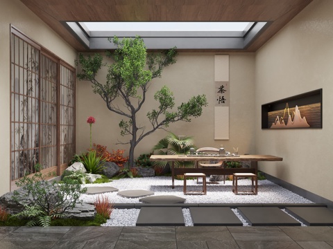  新中式禅意天井庭院景观 景观造景 景观植物 苔藓景观su模型 