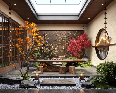  新中式禅意天井庭院景观 景观造景 景观植物 苔藓景观3d模型 
