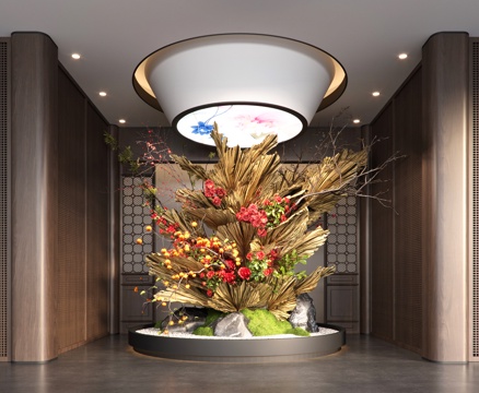  新中式酒店会所大厅花枝 枯枝 石头 芭蕉扇 植物堆su模型 
