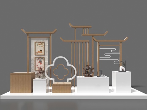  新中式展示台 新中式背景 隔断展示 展示台 展厅 新农村3d模型 