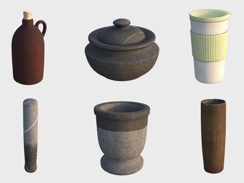  古代陶器陶艺酒瓶陶罐石锅木杯石臼3d模型 