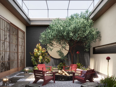  新中式禅意天井庭院景观 景观造景 景观植物 苔藓景观su模型 