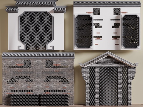  中式瓦片景墙3d模型 