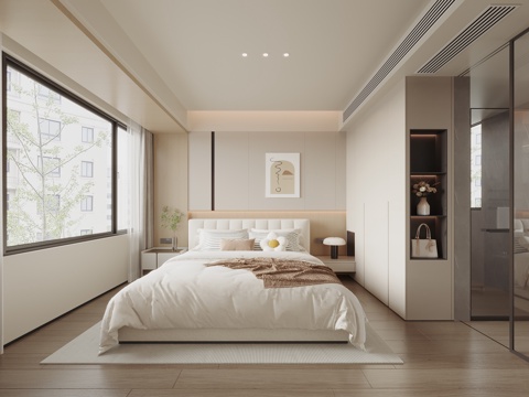  现代奶油风卧室 双人床 衣柜 挂画 床头背景墙3d模型 
