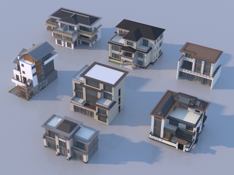  现代独栋别墅组合3d模型 