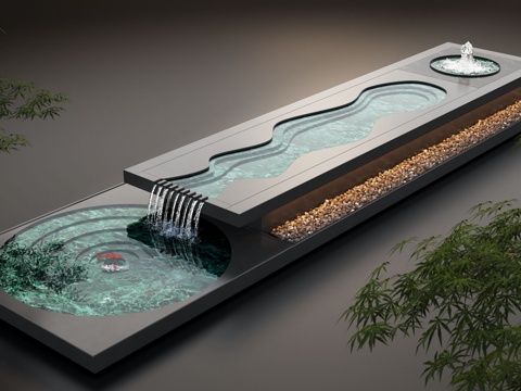  现代水景观 庭院水景 水钵流水 鱼池3d模型 