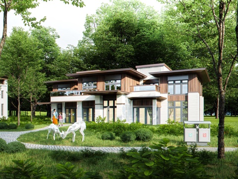  新中式双拼别墅建筑3d模型 