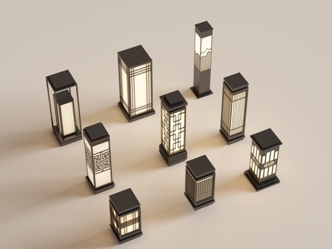  现代中式景观灯 草坪灯 庭院灯 户外灯组合3d模型 