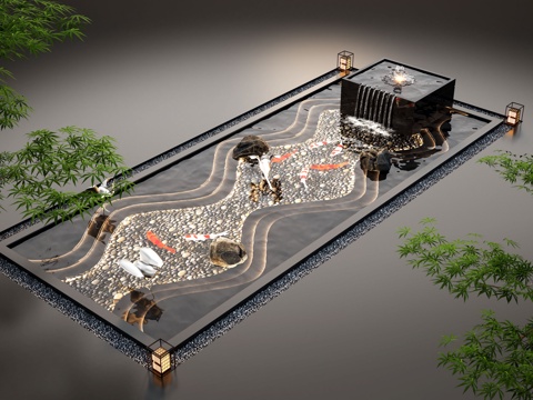  现代水景观 庭院水景 水钵叠水 跌水 鱼池3d模型 