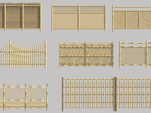  侘寂日式围墙_竹梢特色围栏_树枝围栏_竹编围栏_竹子围栏3d模型 