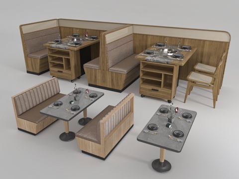  卡座沙发 弧形 桌椅 圆环卡座 椅组合 餐具3d模型 
