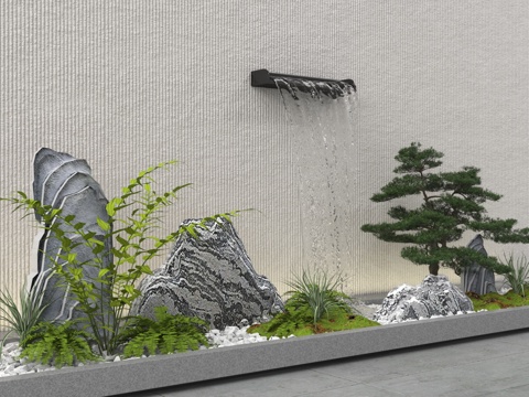  植物堆 造景 水景墙 景观墙  假山 流水 景观小品3d模型 