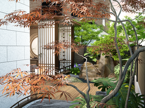  新中式庭院花园 景观廊架 假山石头  景观植物su模型 
