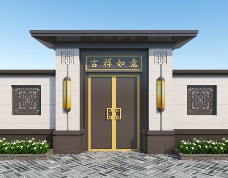  新中式大门 门头 别墅大门3d模型 
