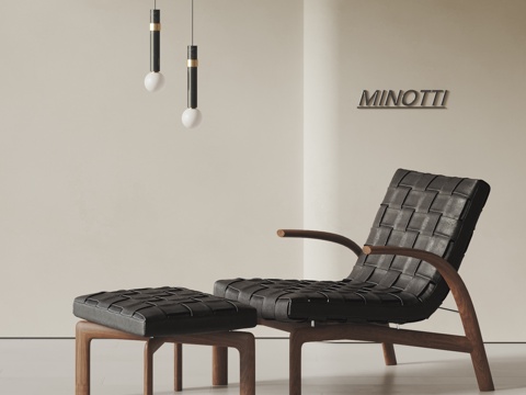  MINOTTI 意式中古风休闲椅 休闲沙发 脚凳 皮革 实木3d模型 