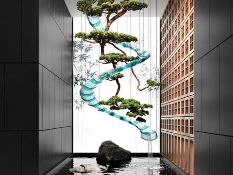  新中式室内水景观 流水 景观石 倒挂松树su模型 