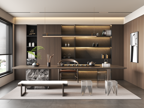  现代意式茶室 茶室柜 别墅茶室 茶桌椅组合 茶台 茶室饰品摆3d模型 