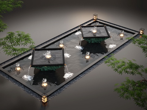  现代水景观 庭院水景 水钵叠水 跌水 鱼池鱼池3d模型 