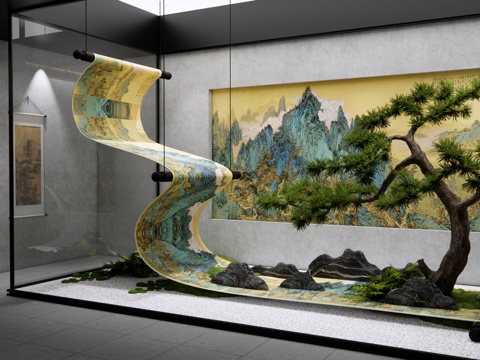  中式山水字画博物馆3d模型 