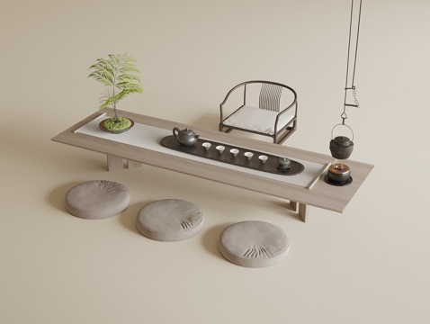  新中式榻榻米茶桌椅 茶具 坐垫 榻榻米茶室 悬挂茶壶3d模型 