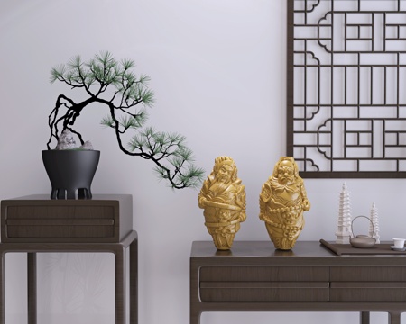  现代新中式哼哈二将门神雕塑艺术摆件3d模型 