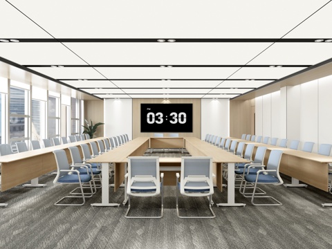  现代培训室 会议室 多功能室 条形会议桌椅3d模型 