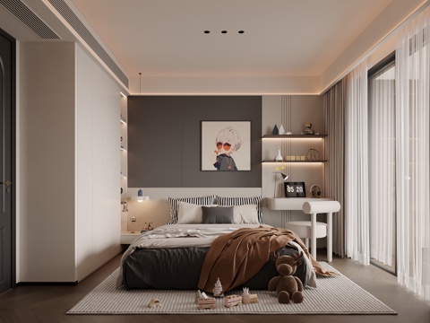  男孩房书桌层板衣柜吊灯挂画3d模型 