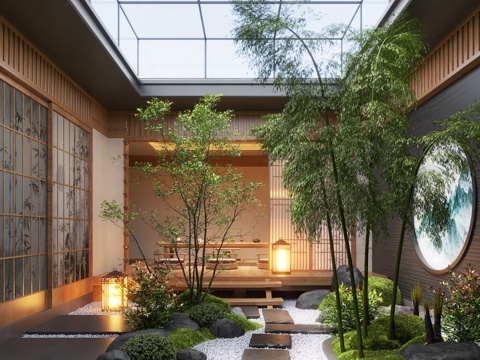  新中式天井庭院景观 景观造景 景观植物 苔藓景观 景观小品su模型 