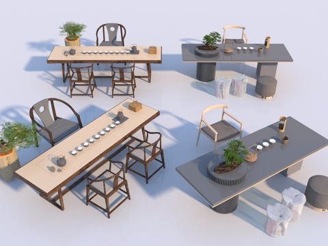  新中式茶桌椅组合3d模型 