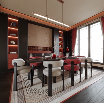  新中式餐厅 餐桌椅 餐椅3d模型 