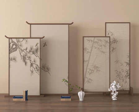  山水画屏风 隔断 折叠屏风 瓷罐 花瓶3d模型 
