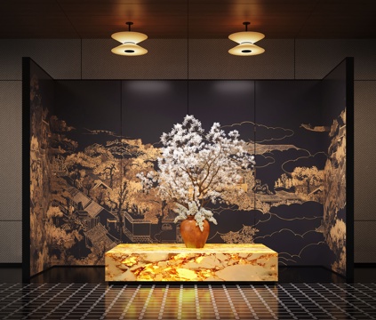  现代酒店大厅 花艺装置 花艺摆台组合 透光石 屏风3d模型 