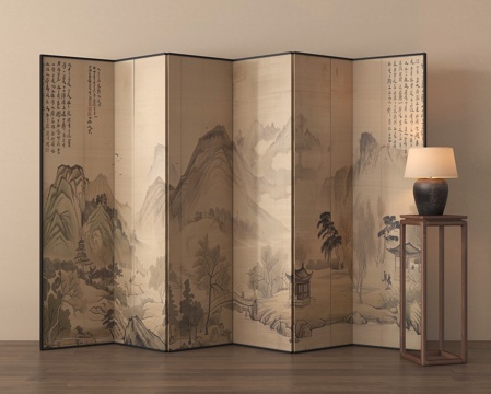  山水画屏风 隔断 折叠屏风su模型 