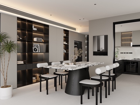  黑白灰餐厅 现代餐厅3d模型 